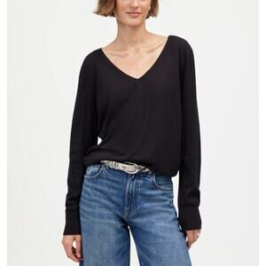 Madewell Merino Wool-Silk Blend V-Neck Sweater Womens S Black Relaxed Fit Knit